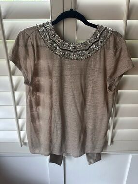 Alice + Olivia Taupe Beaded Collar Short Sleeve Top